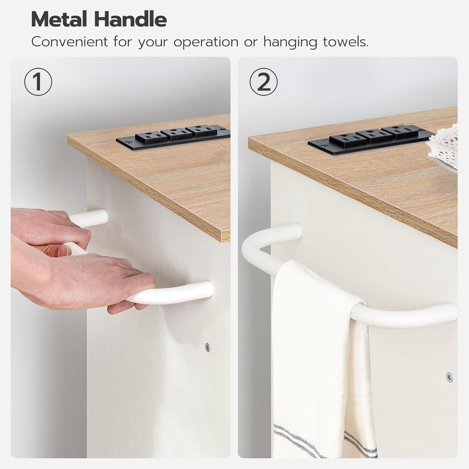 Kitchen Island Cart Kitchen Island on Wheels with Spice Rack, Towel Rack and 5 Drawers, Rolling Mobile Kitchen Island with Door Storage Cabinets, 4 Locking Wheels and Rubber Wood Top, White