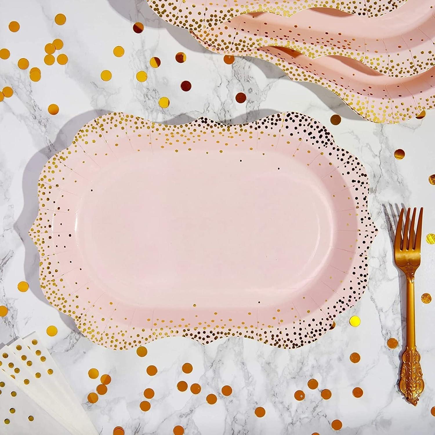 Sparkle and Bash 24 Pack Pink Disposable Serving Trays, Gold Foil Polka Dotted Party Platters, 9 x 13 In