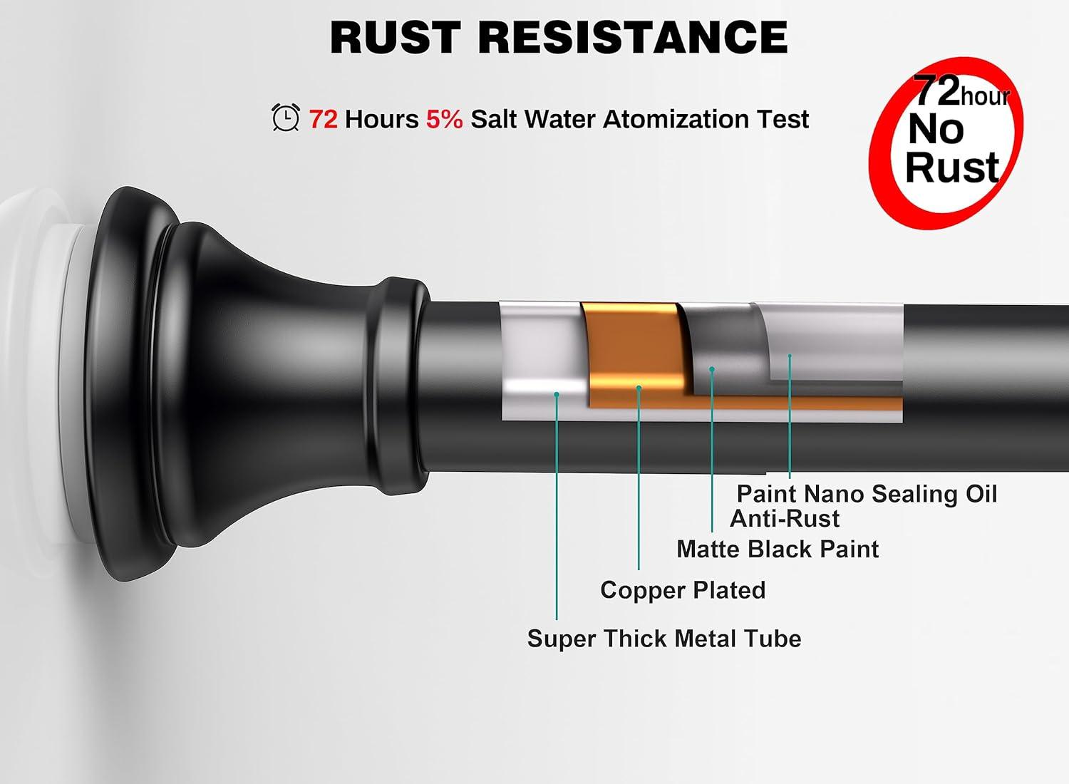 BloomFlower Black Shower Curtain Rod, 43-72 inches, Matte Black,Never Rust , Metal Rod,Tension Rod with Spring