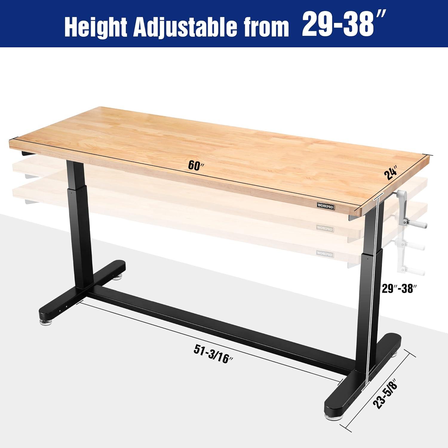 WORKPRO 60" Height Adjustable Work Table with Crank Handle and Casters, 60" x 24" Rubber Wood Top Standing Desk Workbench, Heights from 29"-38", 500 lbs Load Capacity for Garage, Office, Home