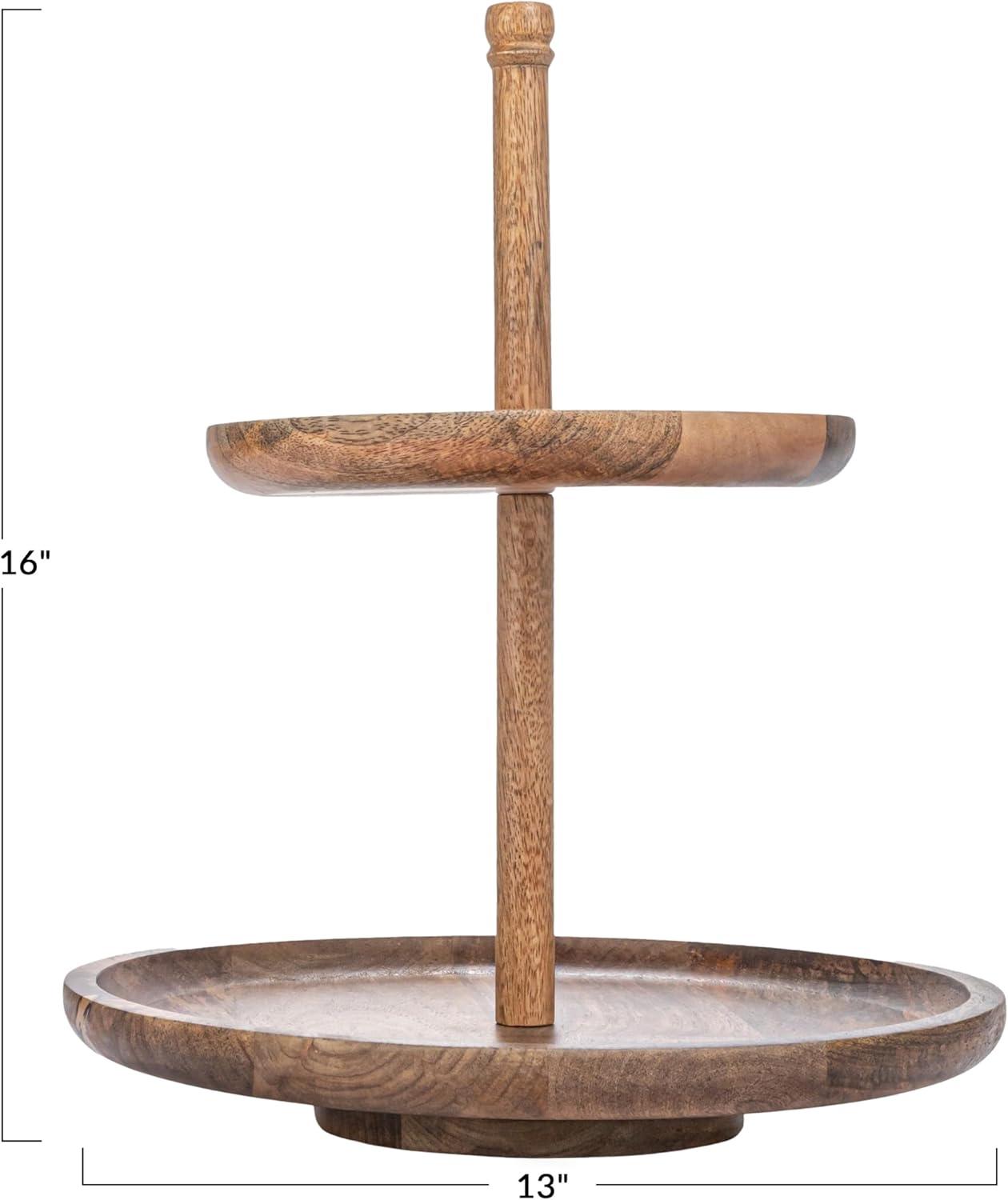 Natural Mango Wood 2-Tier Round Tray with Metal Handle