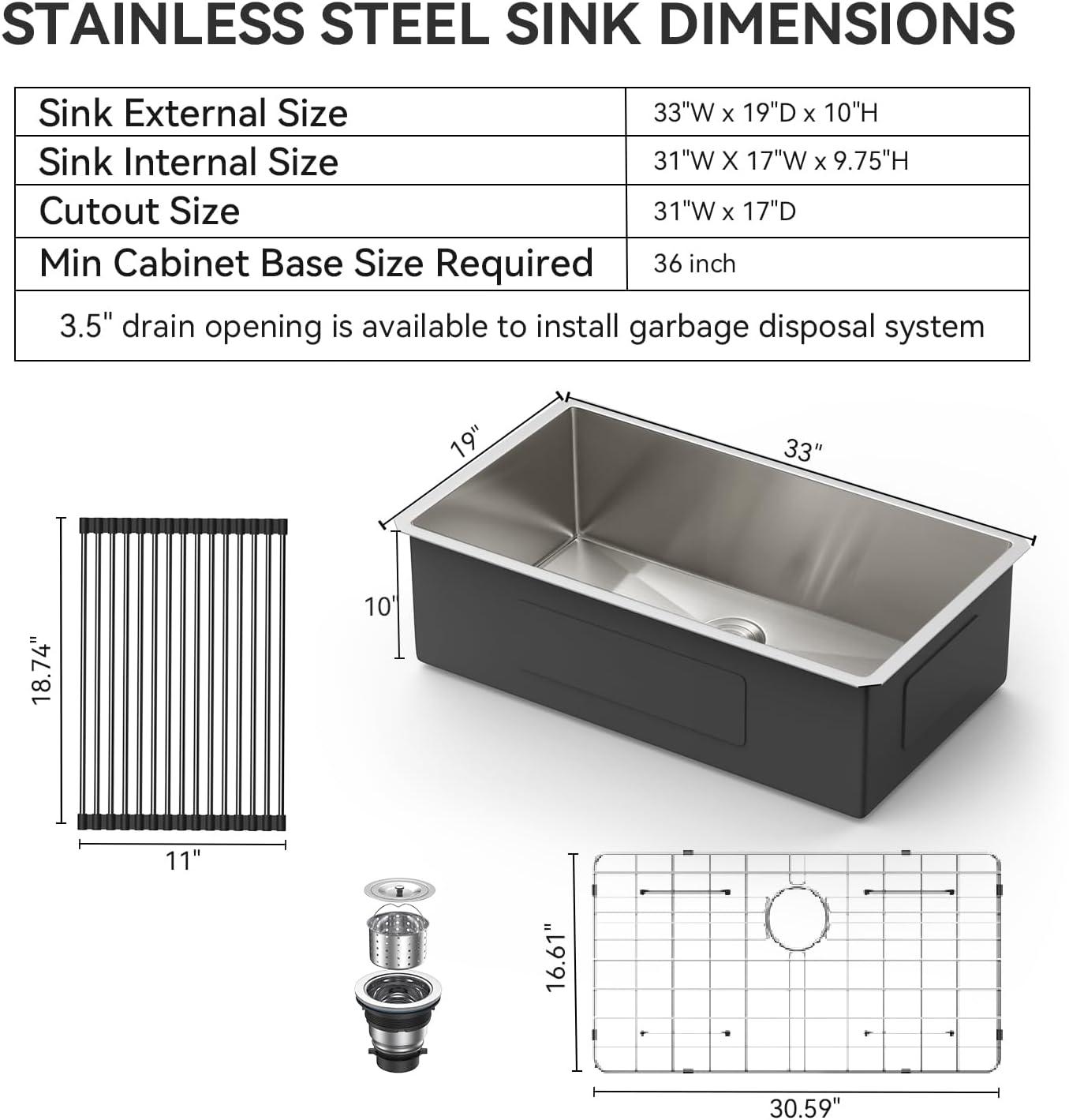 33" L x 19" W Undermount Kitchen Sink 16 Gauge Stainless Steel Kitchen Sink Single Bowl Kitchen Sink