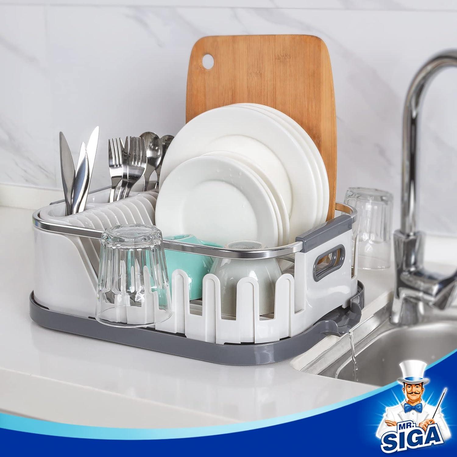 Compact White Plastic Dish Drying Rack with Utensil Holder