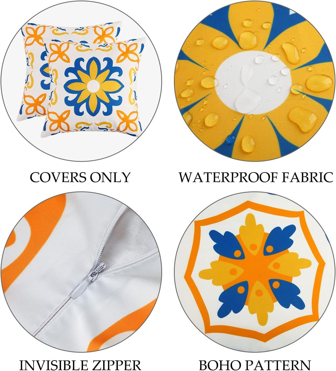 Set of 4 Blue and Orange Floral Waterproof Polyester Pillow Covers