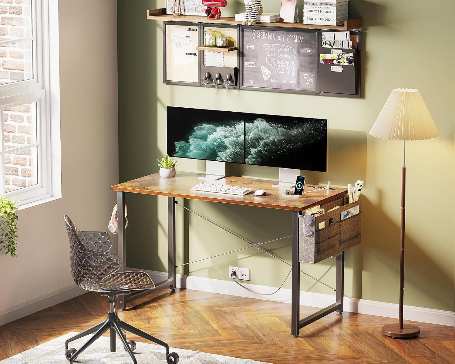 KKL Small Desk with Power Outlets and USB Port Computer Desk for Home Office Gaming Simple Modern Style Writing Desks with Storage Bag Headphone Hook, 40 inch, Rustic Brown