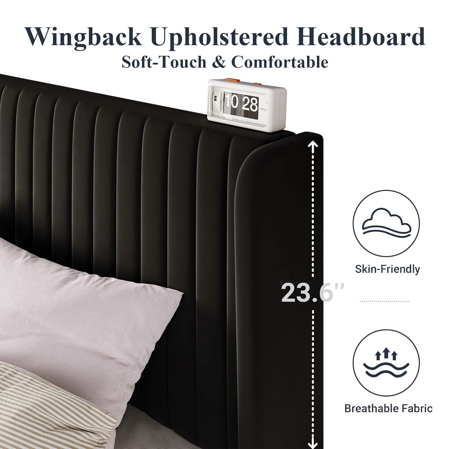 Candler Velvet Upholstered Platform Bed with Wingback Headboard and Wooden Slats