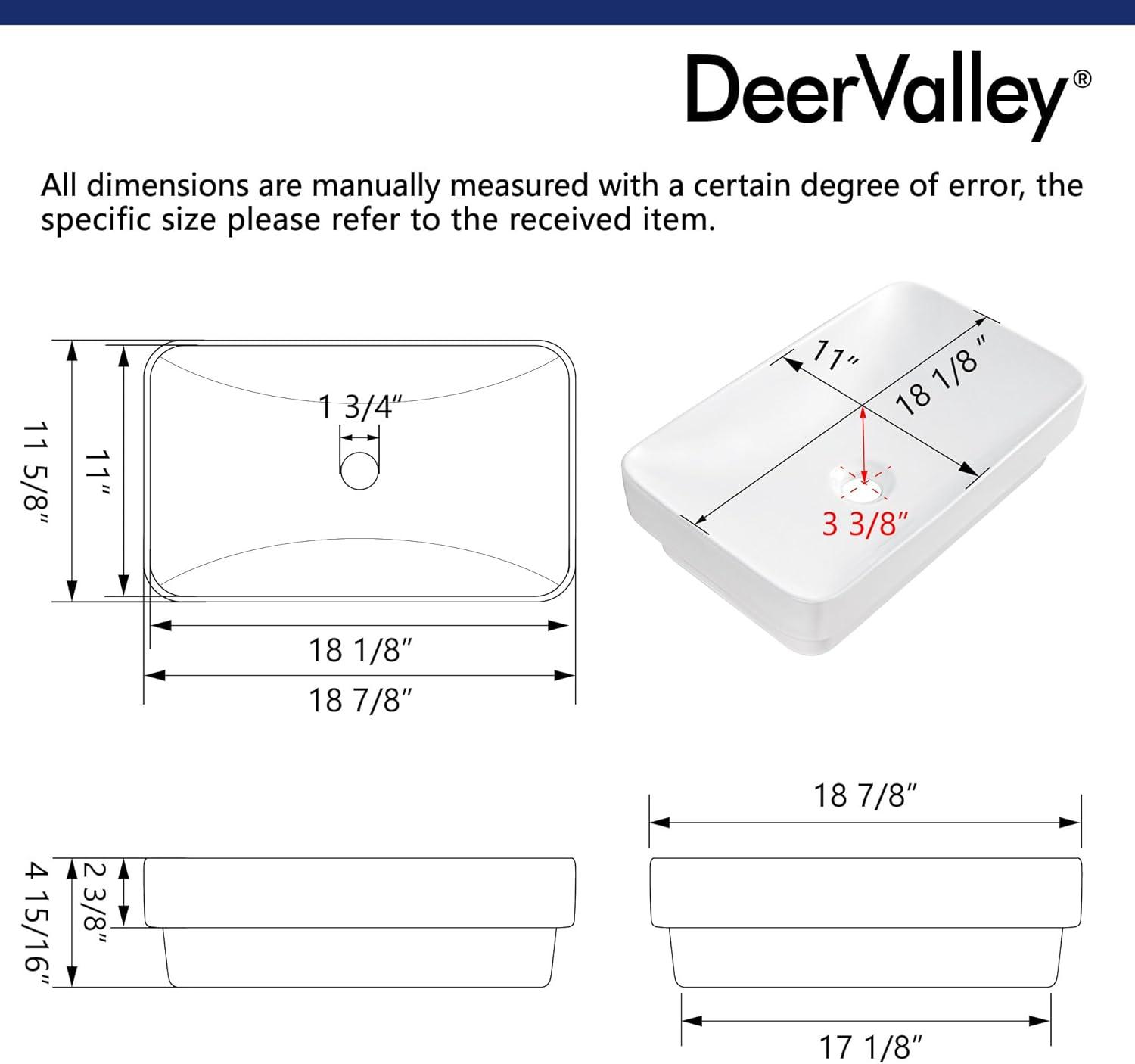 DeerValley Ally 19'' x 12'' Vessel Sink Semi-Recessed Rectangular Above Counter Basin Drop in Bathroom Sink