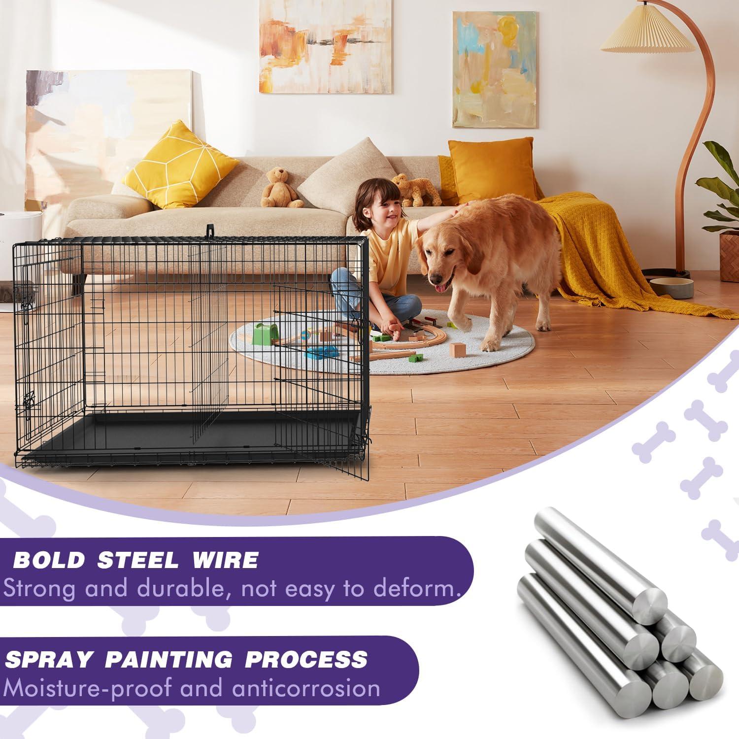 CL.HPAHKL Durable Large Dog Crate, Folding Metal Dog Kennel Double Door Dog Cage with Plastic Tray, Wire Crate for Large Dog Indoor Outdoor Travel (Black, 42 inch)