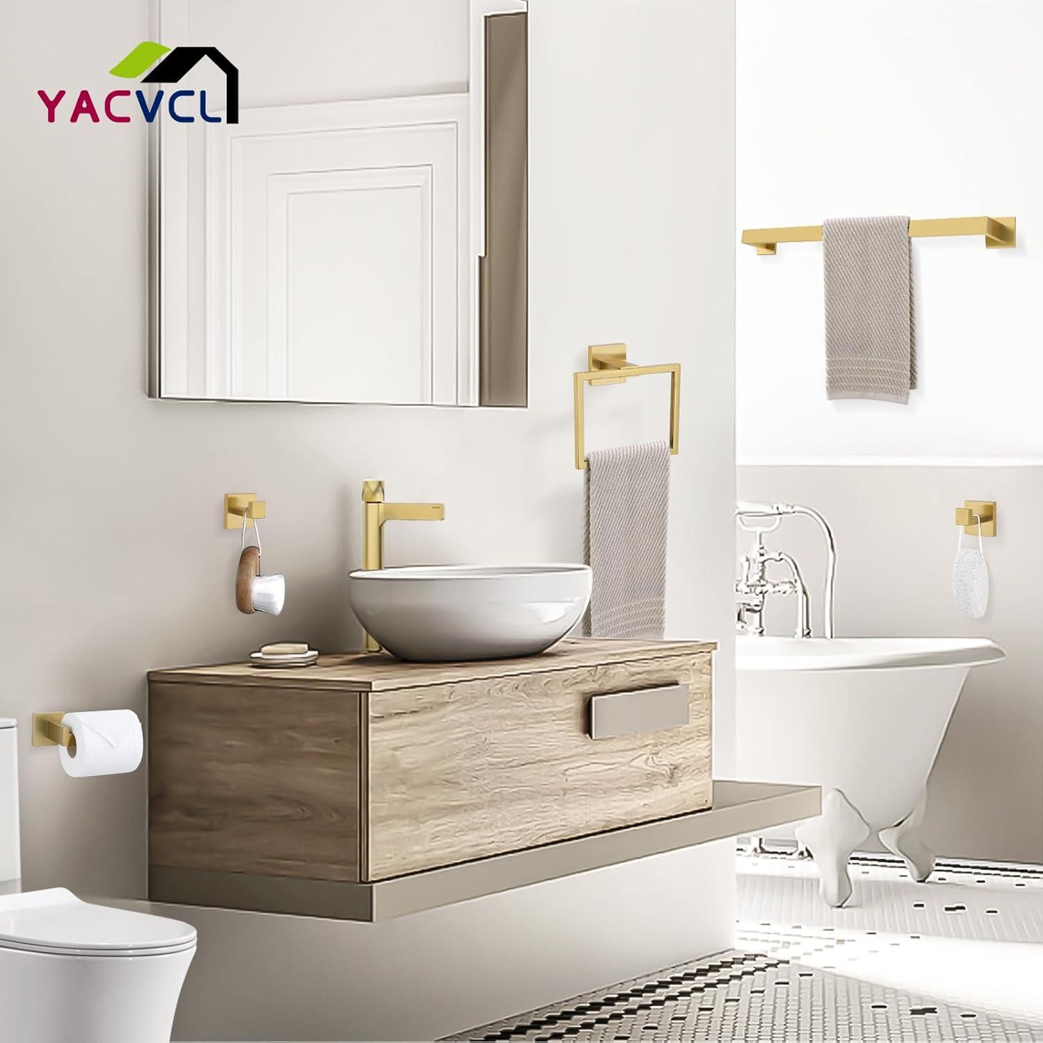 YACVCL 5 Pieces Brushed Gold Towel Bar Set Bathroom Hardware Set Towel Holder Set for Bathroom, 23.8 Inch Bathroom Accessories Set Stainless Steel Wall Mounted
