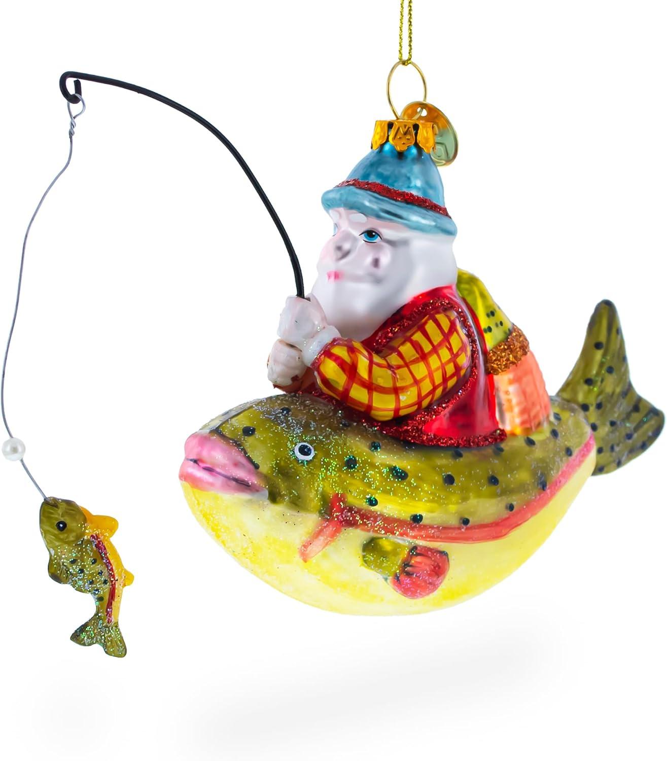 Santa Fishing on Boat Hand-Painted Glass Ornament