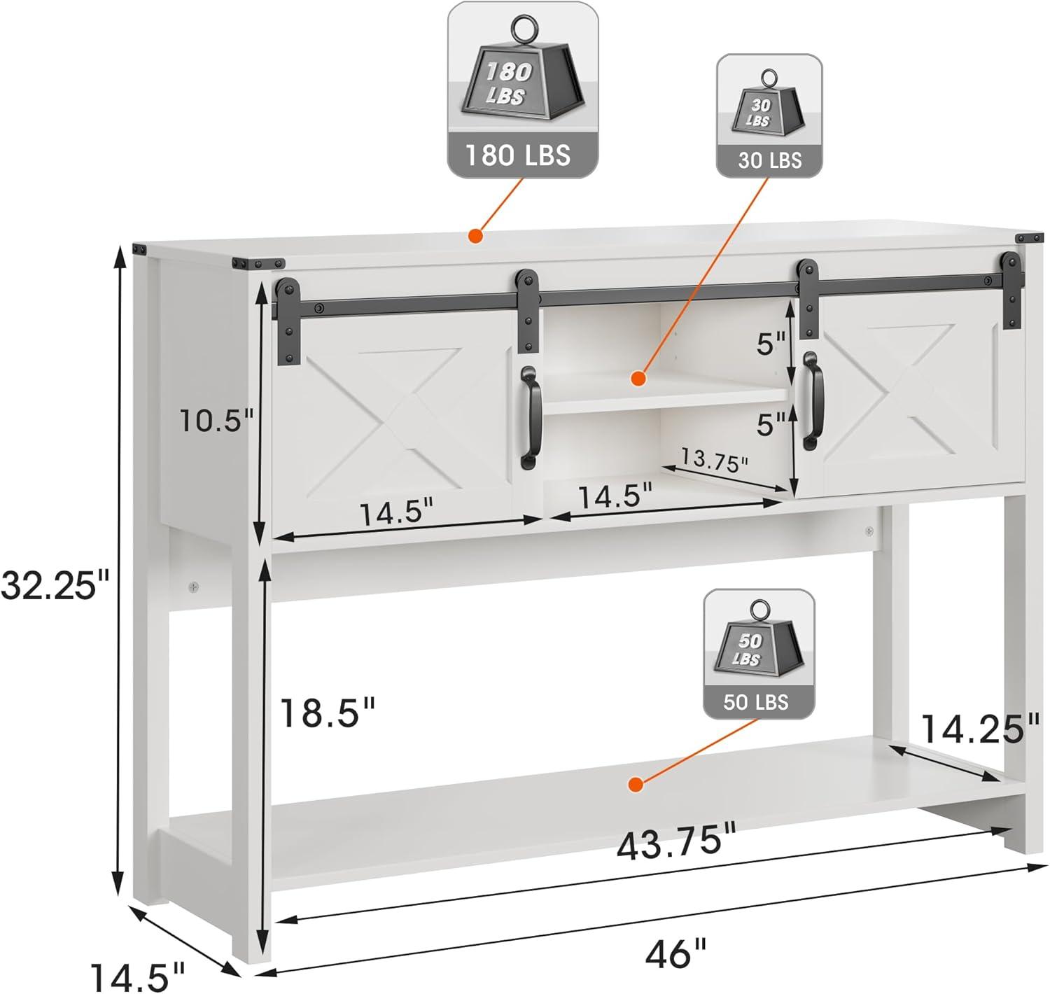 Royalcraft Entryway Table with Storage Cabinets, 46" Modern Farmhouse Console Table with Sliding Barn Door, Wood Rustic Sofa Table with Adjustable Shelf for Hallway, Living Room, Foyer, White