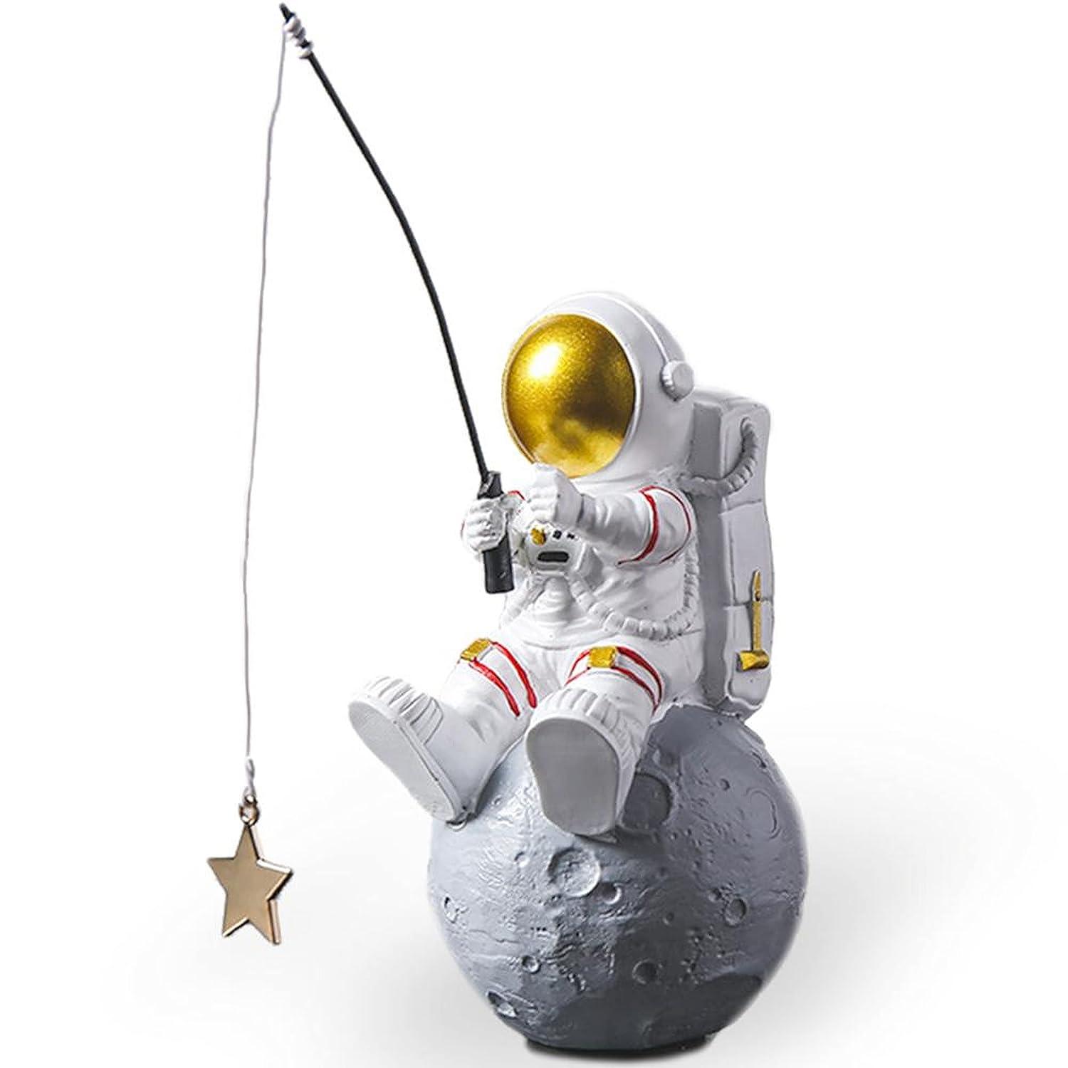 White and Gold Resin Astronaut Fishing Star Figurine