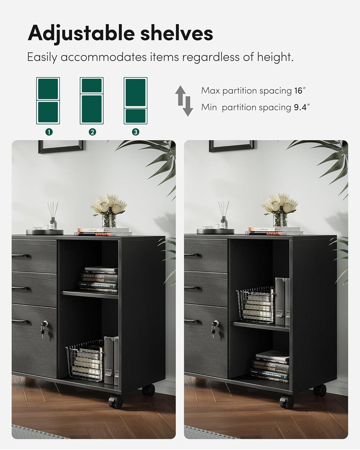 3-Drawer Mobile File Cabinet, Lateral Filing Cabinet with Lock, Printer Stand with Open Storage Shelves for Home Office, Filing Cabinets for Home Office, Black
