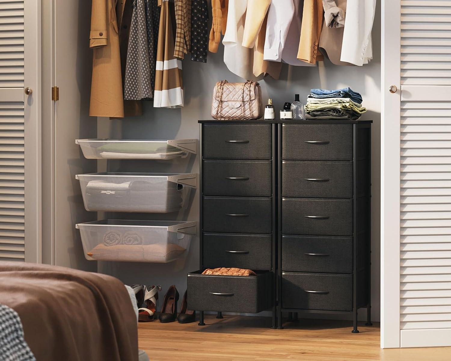 Black Fabric and Steel 5-Drawer Tall Dresser