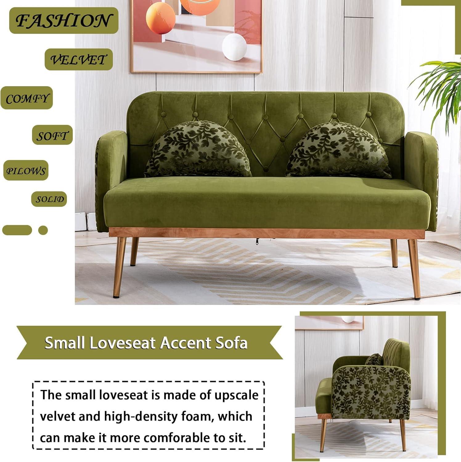 55-inch Small Velvet Couch with Elegant Moon Shape Pillows, Twin Size Loveseat Accent Sofa with Golden Metal Legs, Living Room Sofa with Tufted Backrest, 600 Pounds Weight Capacity-Green