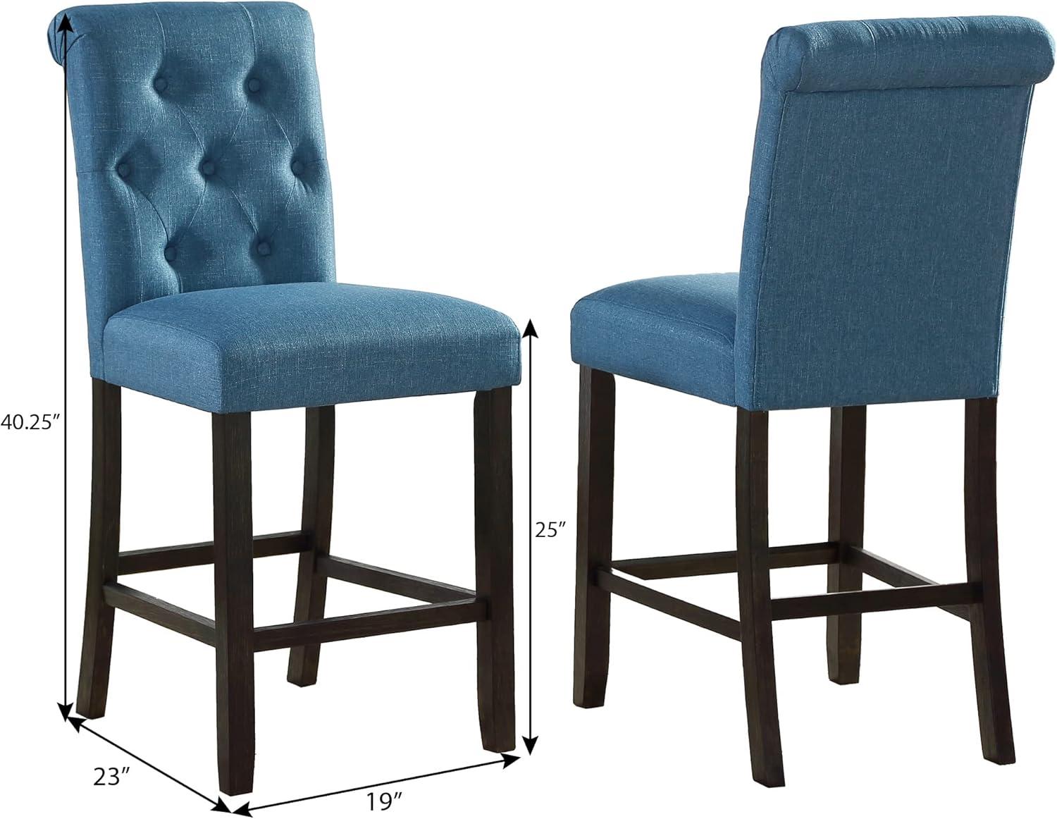 Blue Tufted Upholstered Wood Counter Height Stools, Set of 2