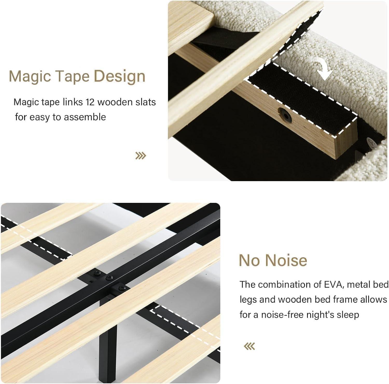 Manfred Boucle Upholstered Cloud Bed Frame with Rounded Corners Headboard, Soft Platform Bed Frame with Thickened Footboard