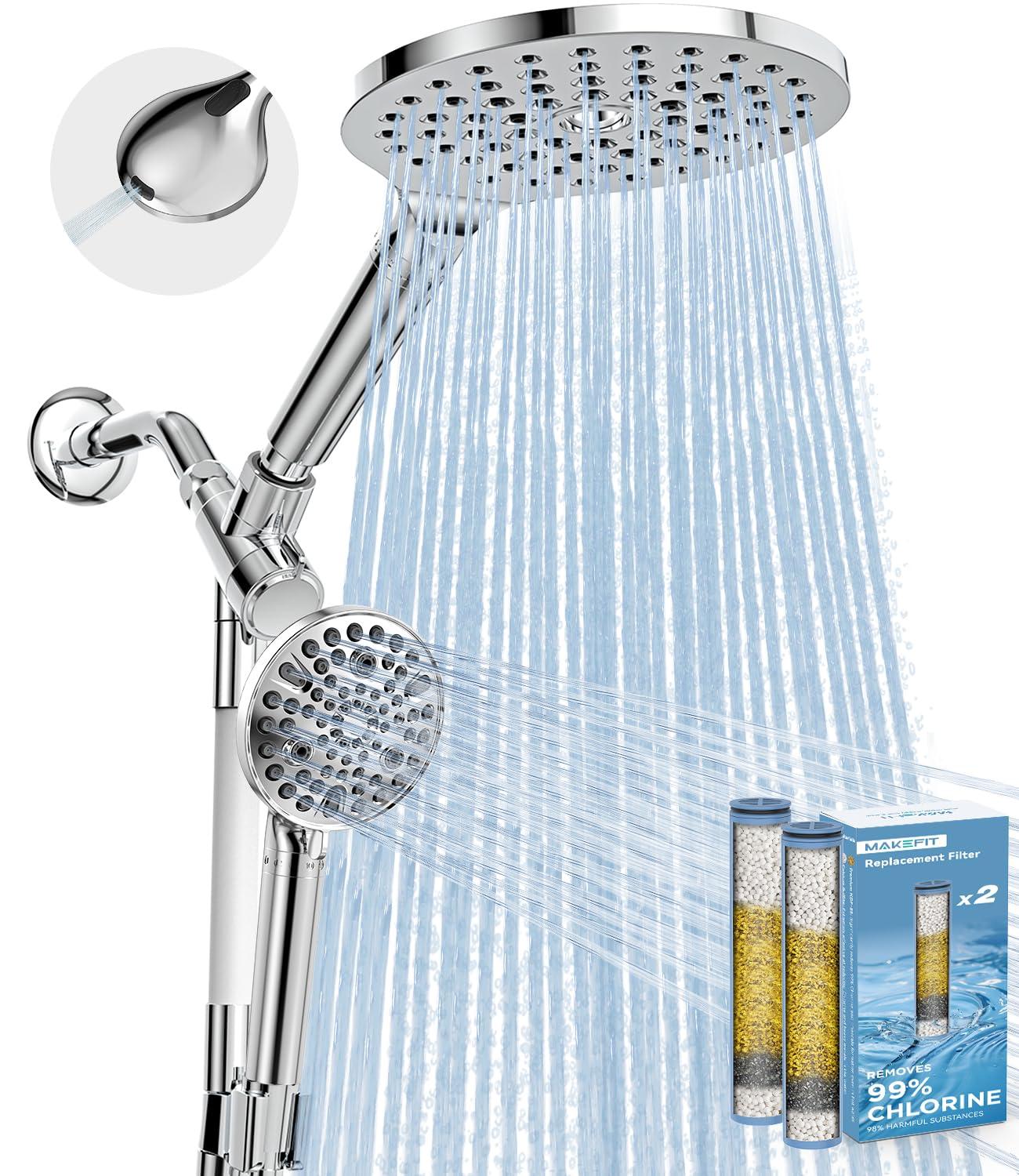 Dual Handheld Shower Head Combo, 2-in-1 Rain Shower Heads System 8 Inch Rainfall Shower Head and 10 Modes High Pressure Hand Held Showerhead with Built-in Power Wash