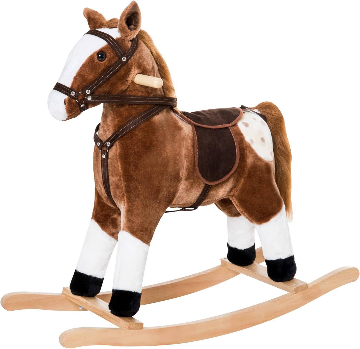 Qaba Kids Plush Toy Rocking Horse Ride on with Realistic Sounds -  Brown