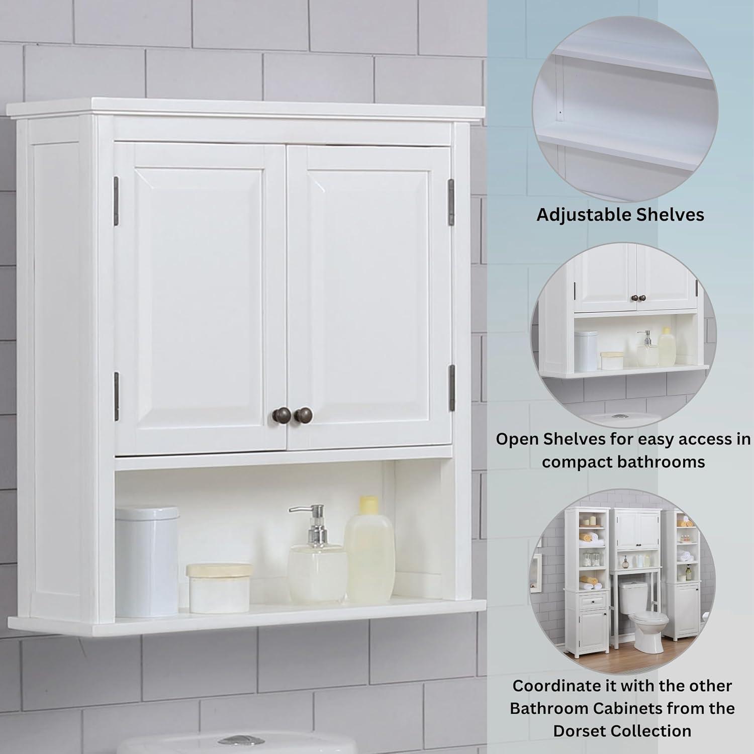 Dorset Wall Mounted Bath Storage Cabinet with Two Doors and Open Shelf White - Alaterre Furniture: Hardwood Medicine Cabinet, Adjustable Shelf