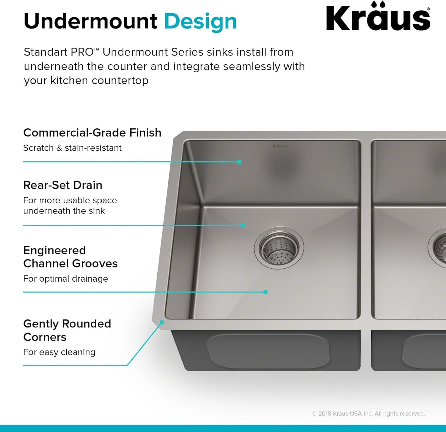 Kraus 33 Inch Rectangular Undermount 50/50 Double Stainless Steel Kitchen Sink