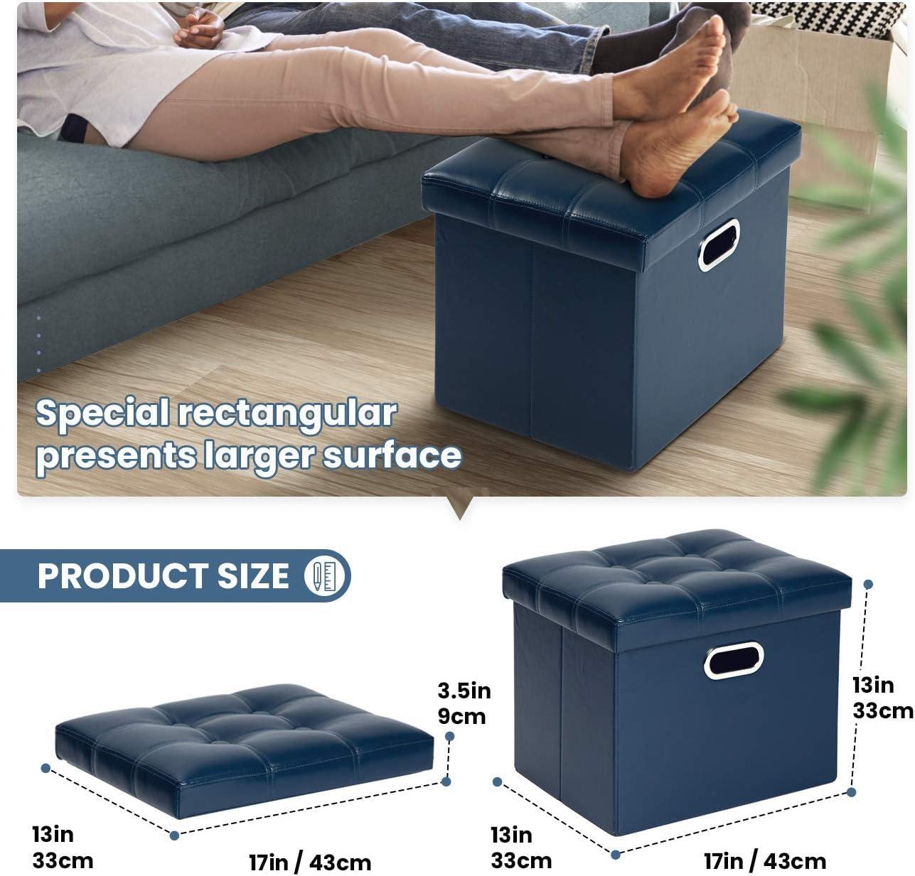 COSYLAND Storage Ottoman 17x13x13in Leather Ottoman Rectangle Footrest Footstool Folding Ottoman for Room Dorm Small Collapsible Bench Seat Organizer Entryway Furniture with Handles Lid Royal Blue