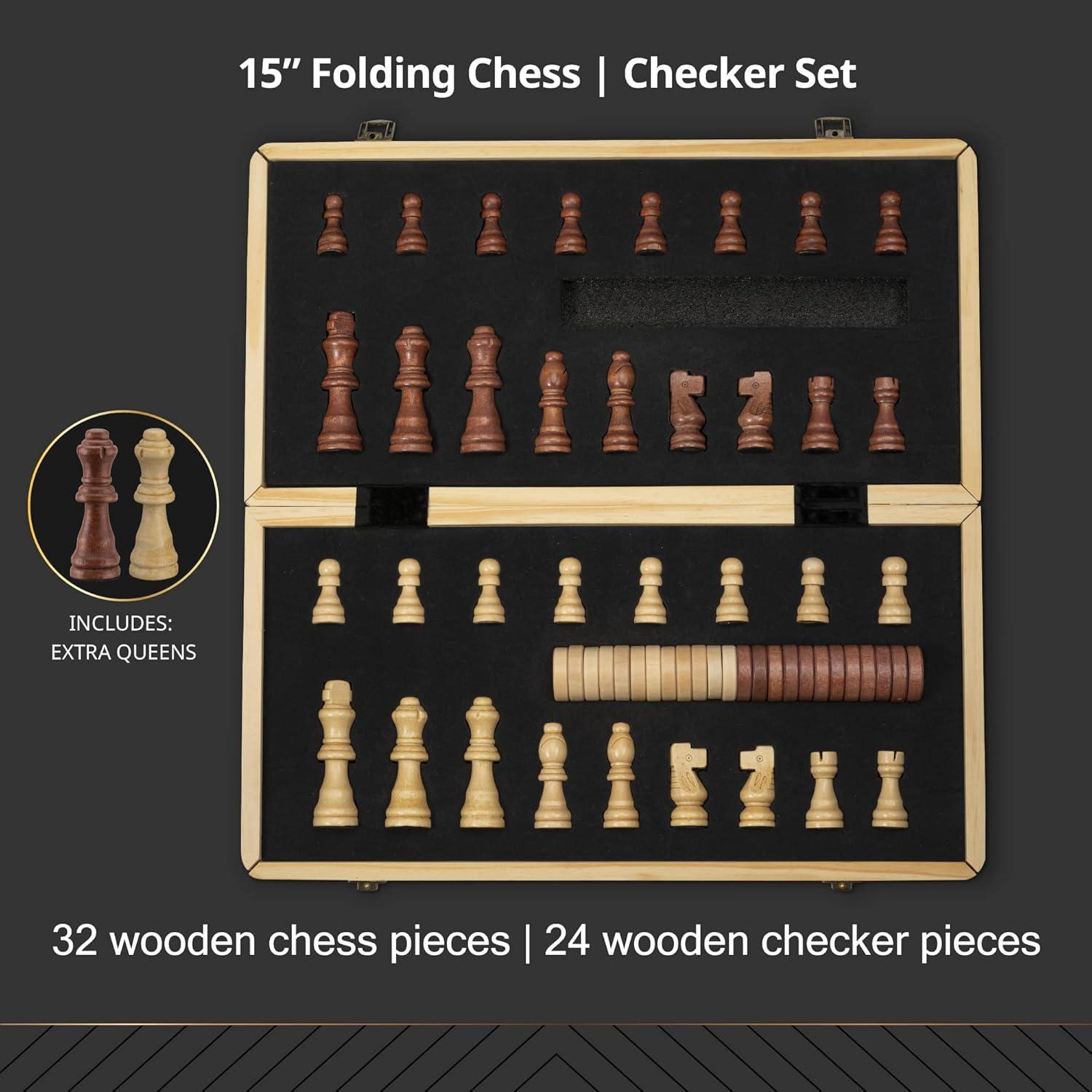 KiddiTouch 15 inch Magnetic Wooden Chess Set 2 in 1 Folding Chess Board Travel Chess Games for Adults and Kids
