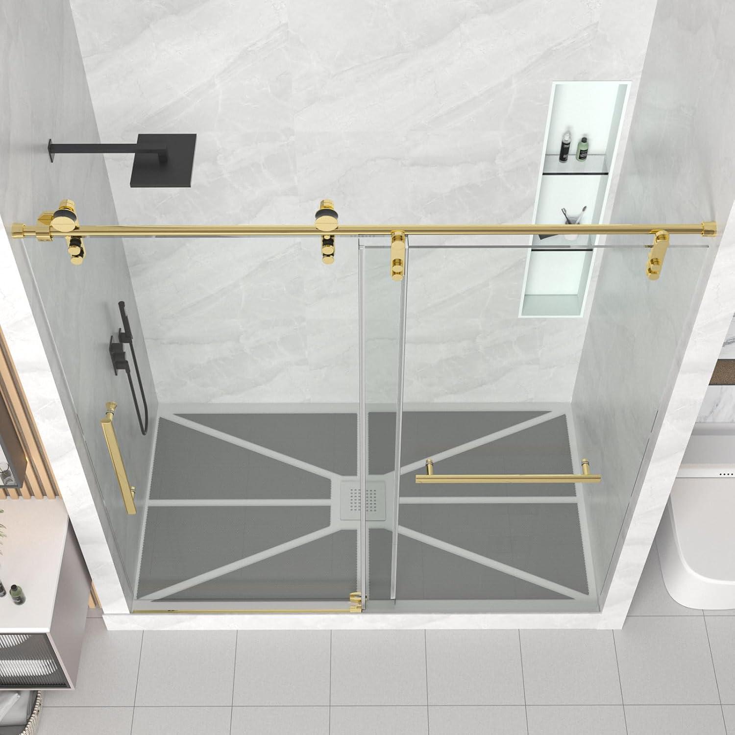 Gotland Frameless Shower Door 56-60" W × 76" H, Sliding Shower Doors with Stainless Steel Handle, Glass Shower Door with 5/16" Clear Tempered Glass