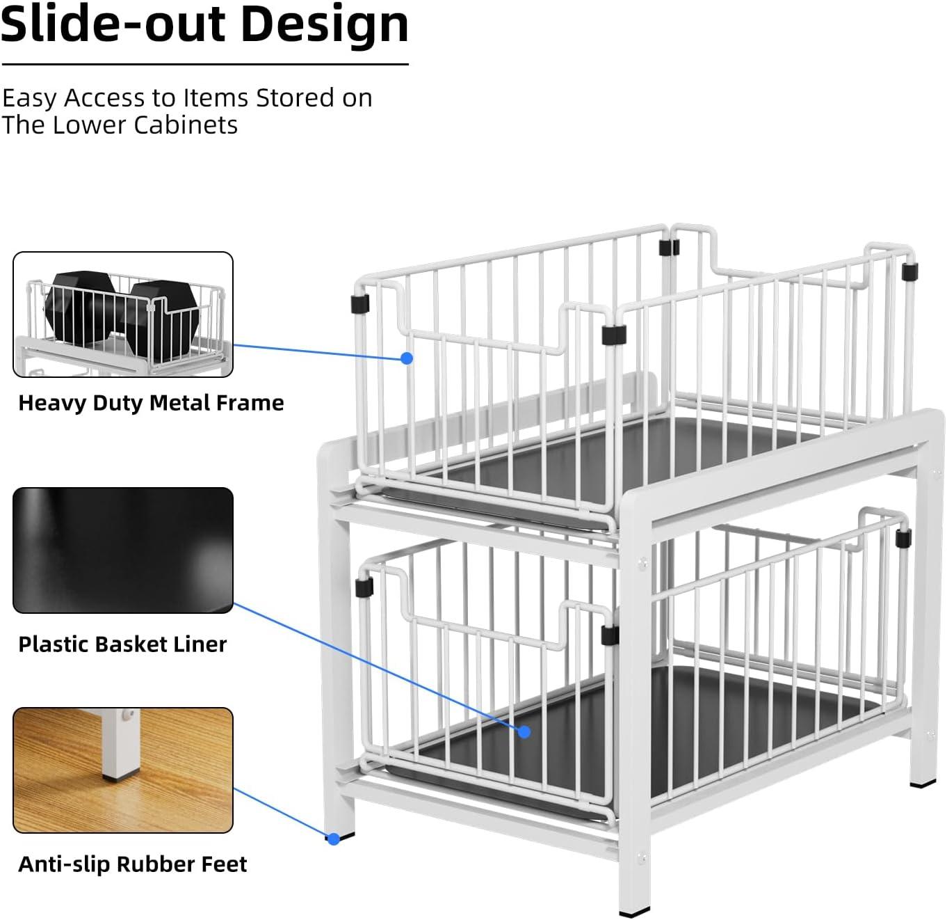 White Metal 2-Tier Sliding Basket Drawer Organizer