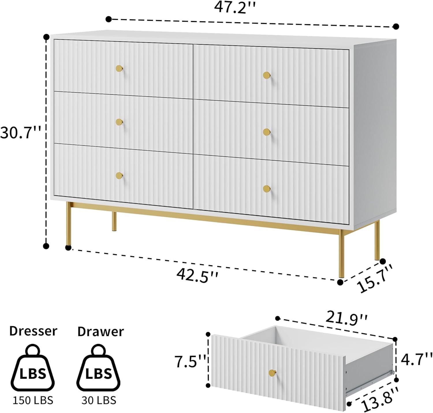 6 Drawer Dresser for Bedroom,Modern Bedroom Dresser,Fluted White and Gold Dresser with Curved Profile Design