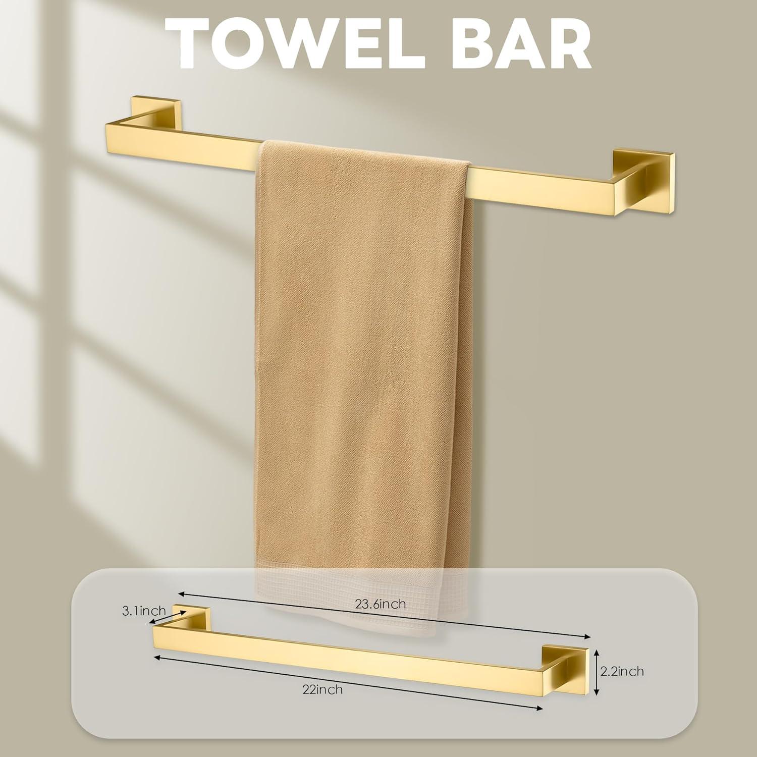 5-Piece Bathroom Hardware Accessories Set 23.6 inch brushed Gold Towel Bar Towel Rack Sets Modern Towel Ring Kit Stainless Steel Wall Mounted