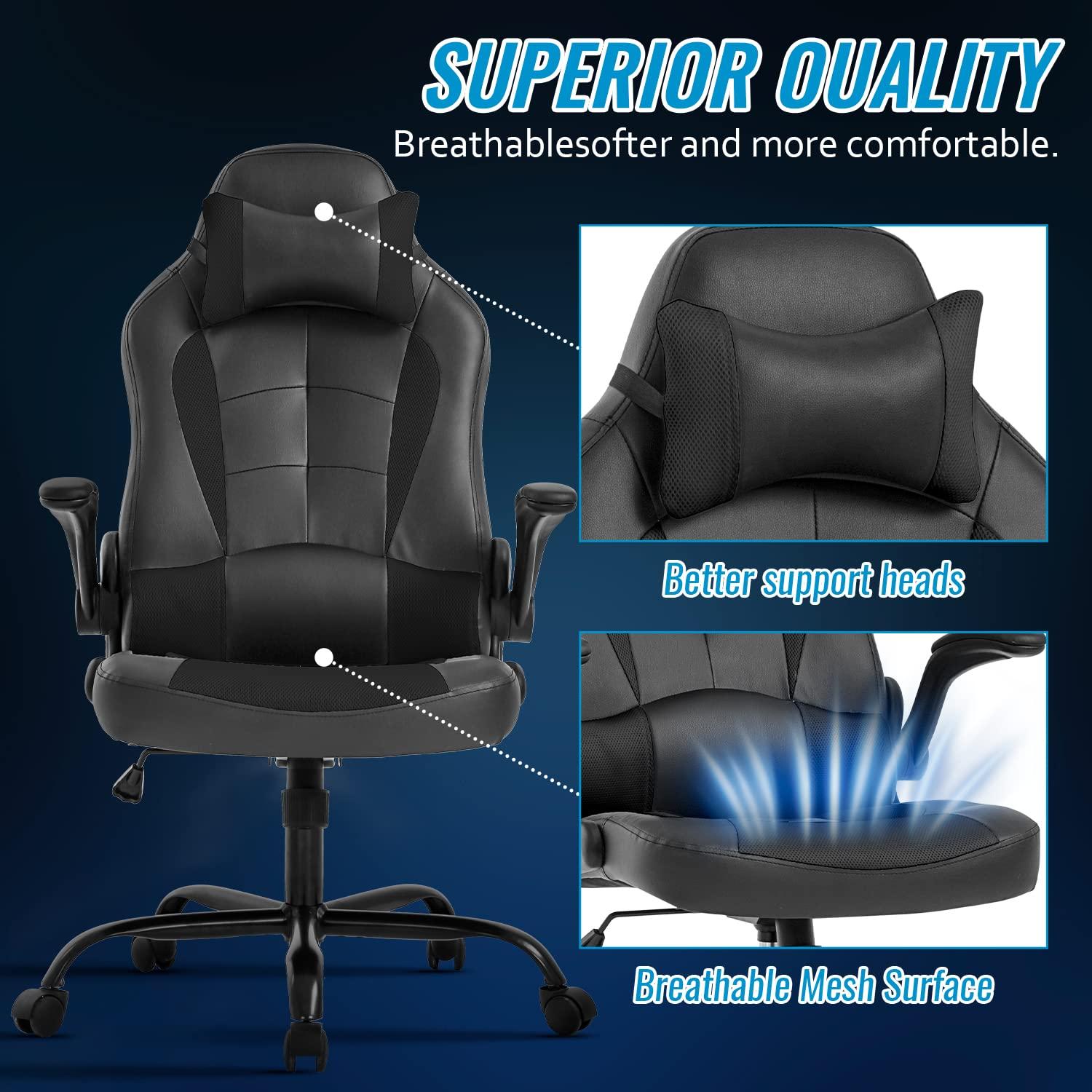FDW PC Gaming Chair Office Chair Desk Chair with Lumbar Support Flip Up Arms Headrest, Black