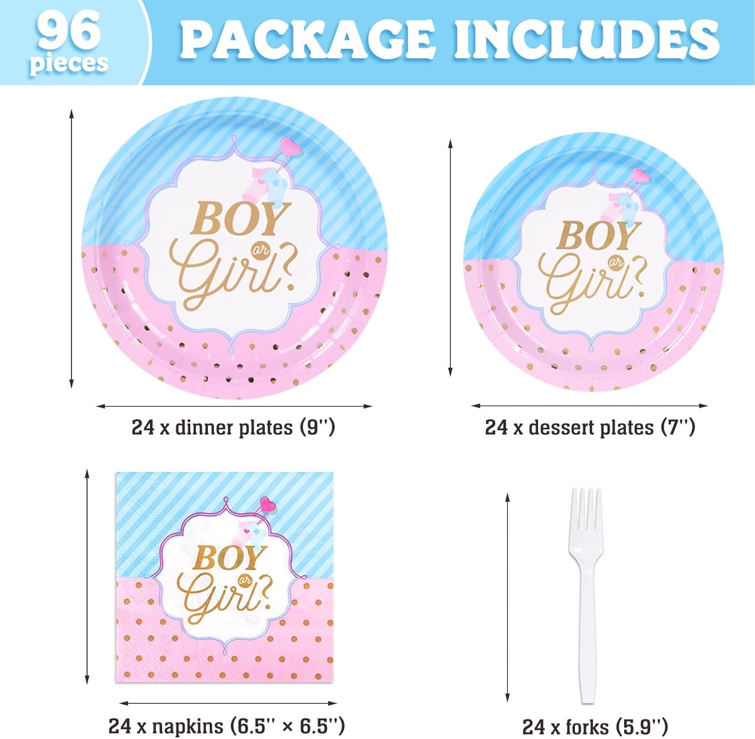 DECORLIFE Gender Reveal AJH3 Plates Serves 24, Boy or Girl Gender Reveal Party Supplies Includes Napkins and Forks for Baby Shower Reveal Party Decorations, Total 96PCS