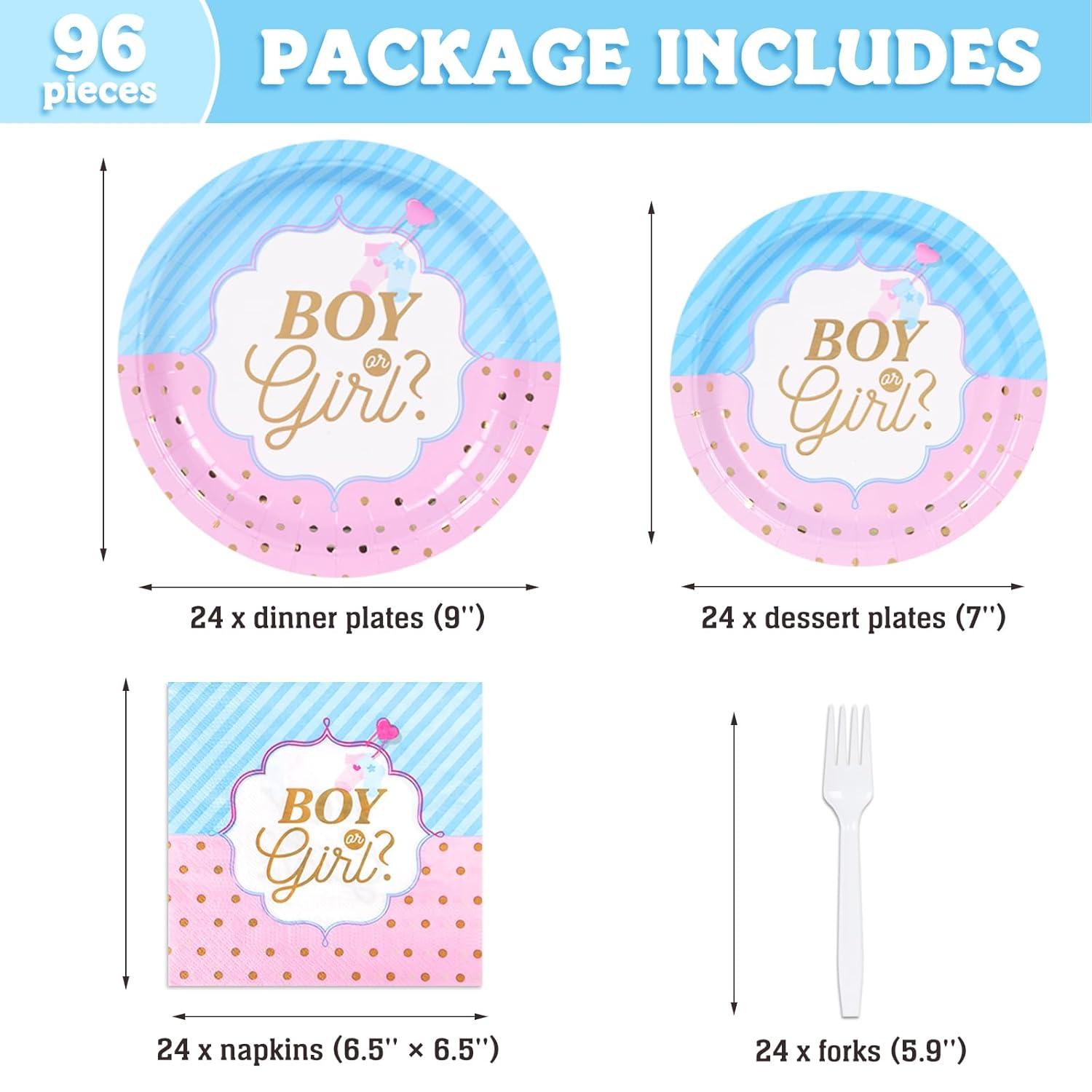 DECORLIFE Gender Reveal AJH3 Plates Serves 24, Boy or Girl Gender Reveal Party Supplies Includes Napkins and Forks for Baby Shower Reveal Party Decorations, Total 96PCS