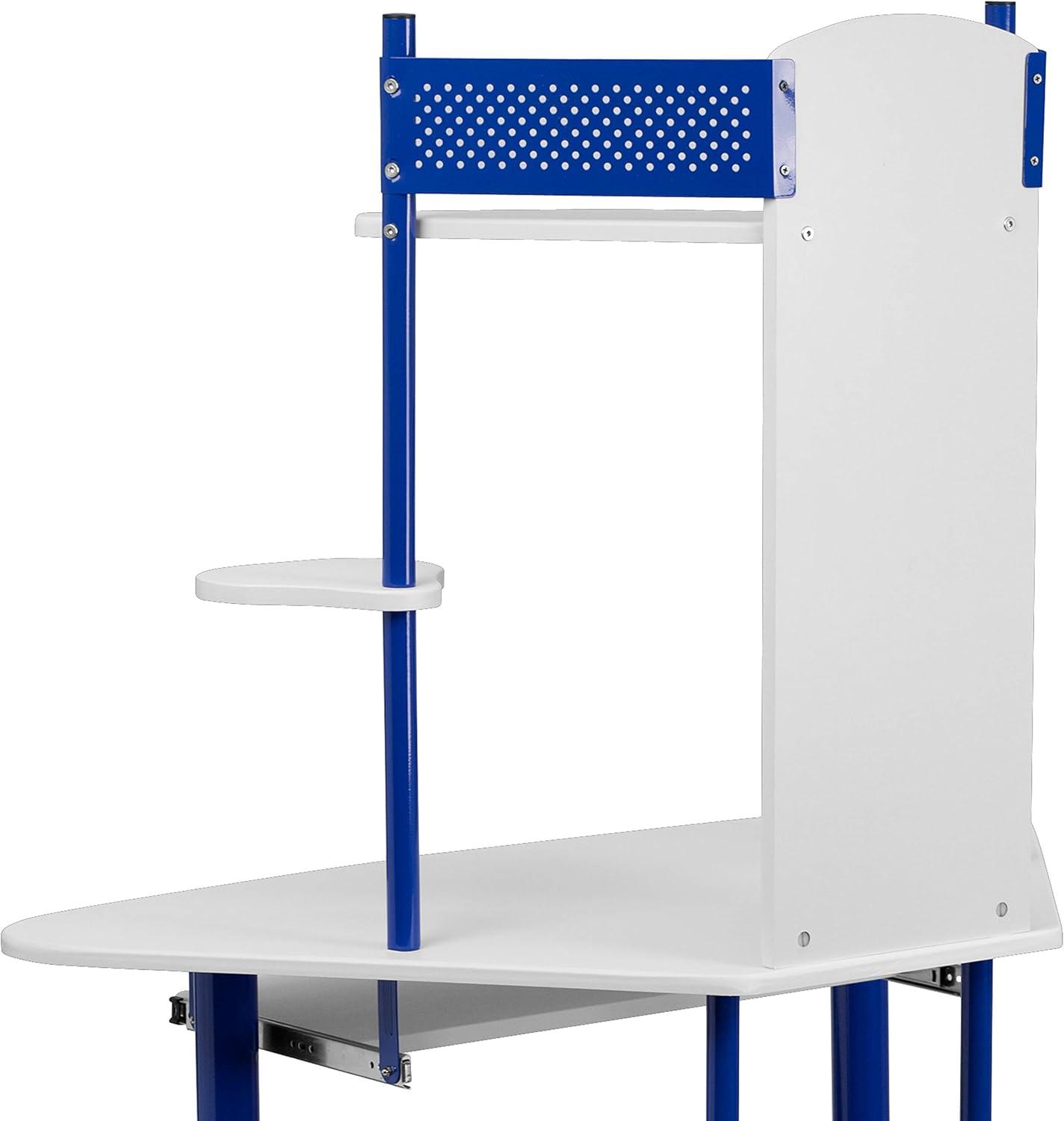 Compact Blue and White Corner Computer Desk with Integrated Hutch