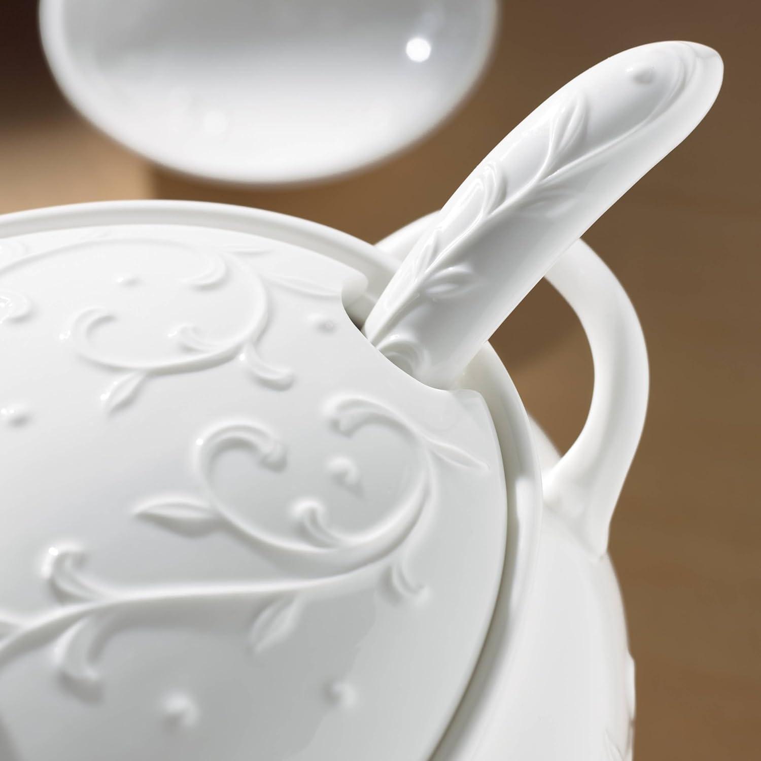 White Porcelain Soup Tureen with Ladle and Lid