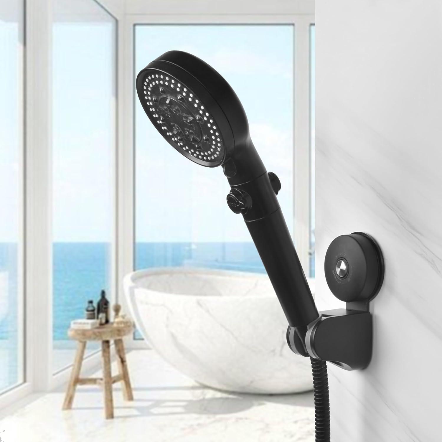 JOMOLA Suction Shower Head Holder Adjustable Handheld Shower Holder Stainless Steel Removable Bathroom Handheld Bidet Sprayer Holder 4 Mode Angle Matte Black