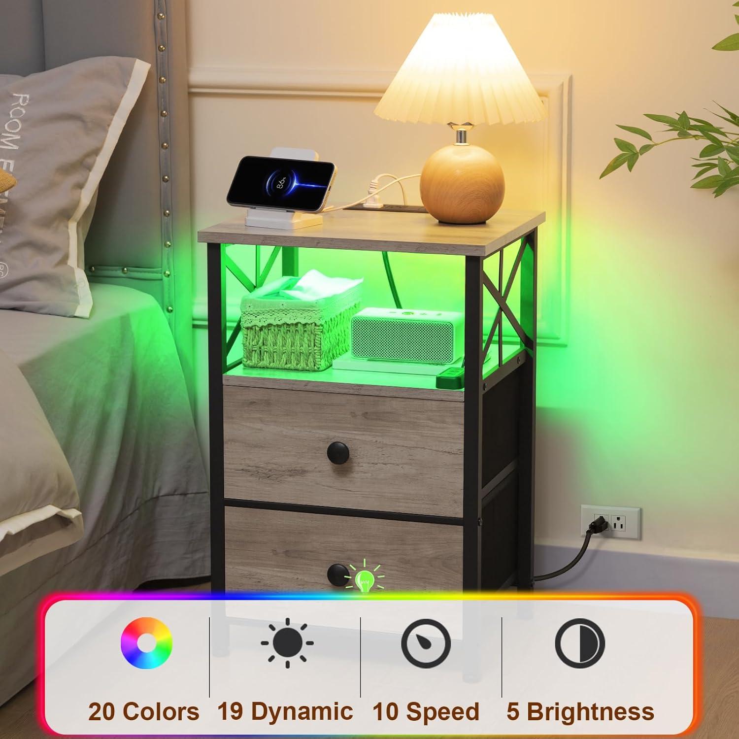 Greige Industrial Nightstand Set with LED and Charging Station