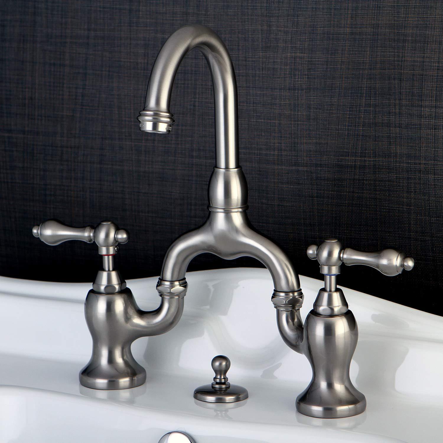 Kingston Brass English Country Two-Handle 3-Hole Deck Mount Bridge Bathroom Faucet with Brass Pop-Up