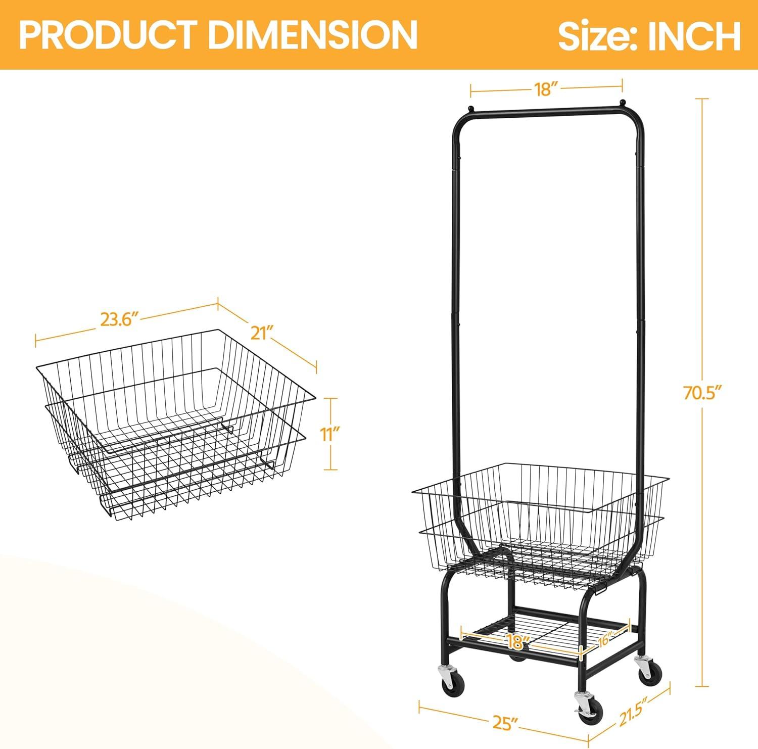 Laundry Cart with Wheels and Hanging Rack, Garment Rack with Storage Shelves and Coat/Hat Hanging Hooks, Rolling Laundry Basket for Laundry Bedroom Hallway, Black