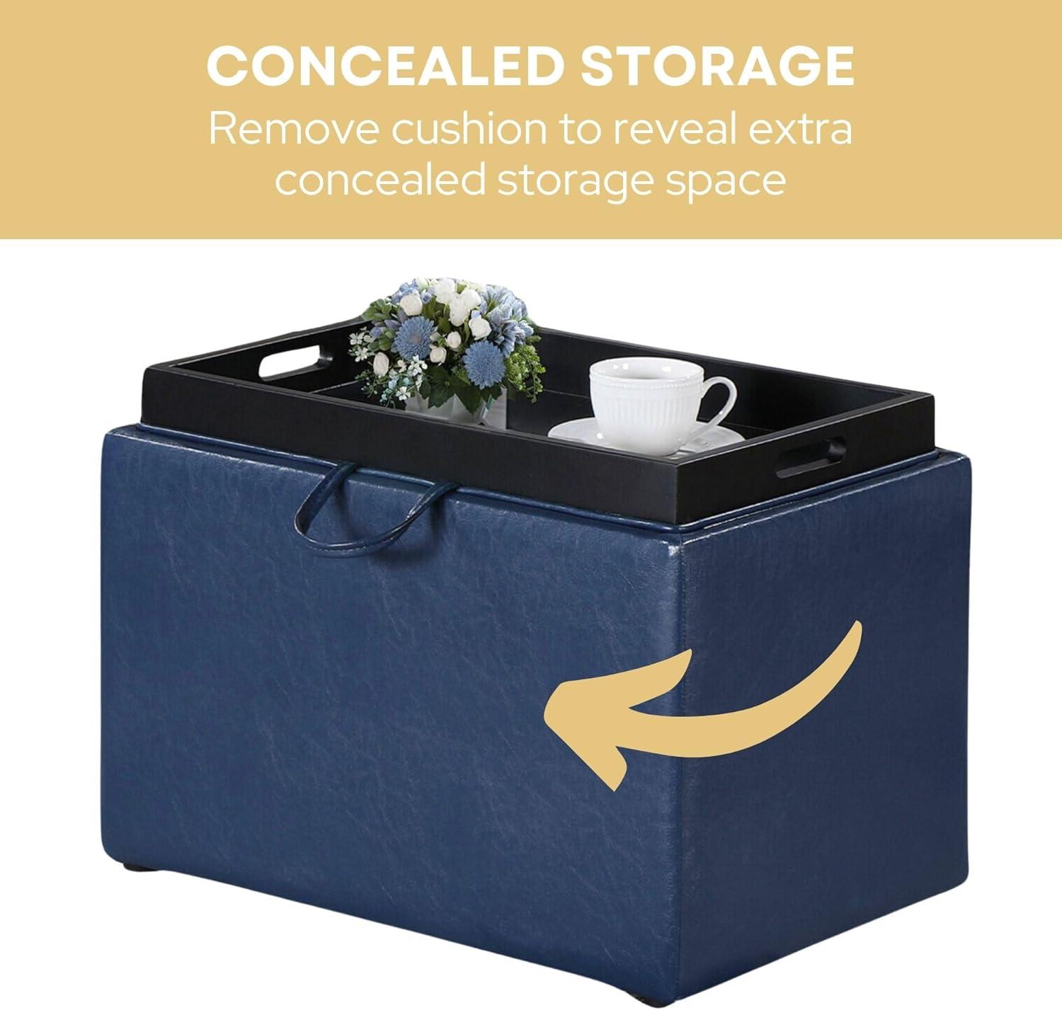 Convenience Concepts Designs4Comfort Accent Storage Ottoman with Reversible Tray, Blue Faux Leather