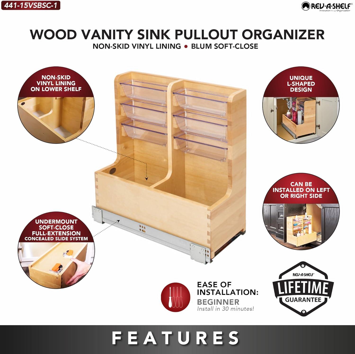 Rev-A-Shelf Wood Vanity Base Cabinet Organizer w/ Soft-Close