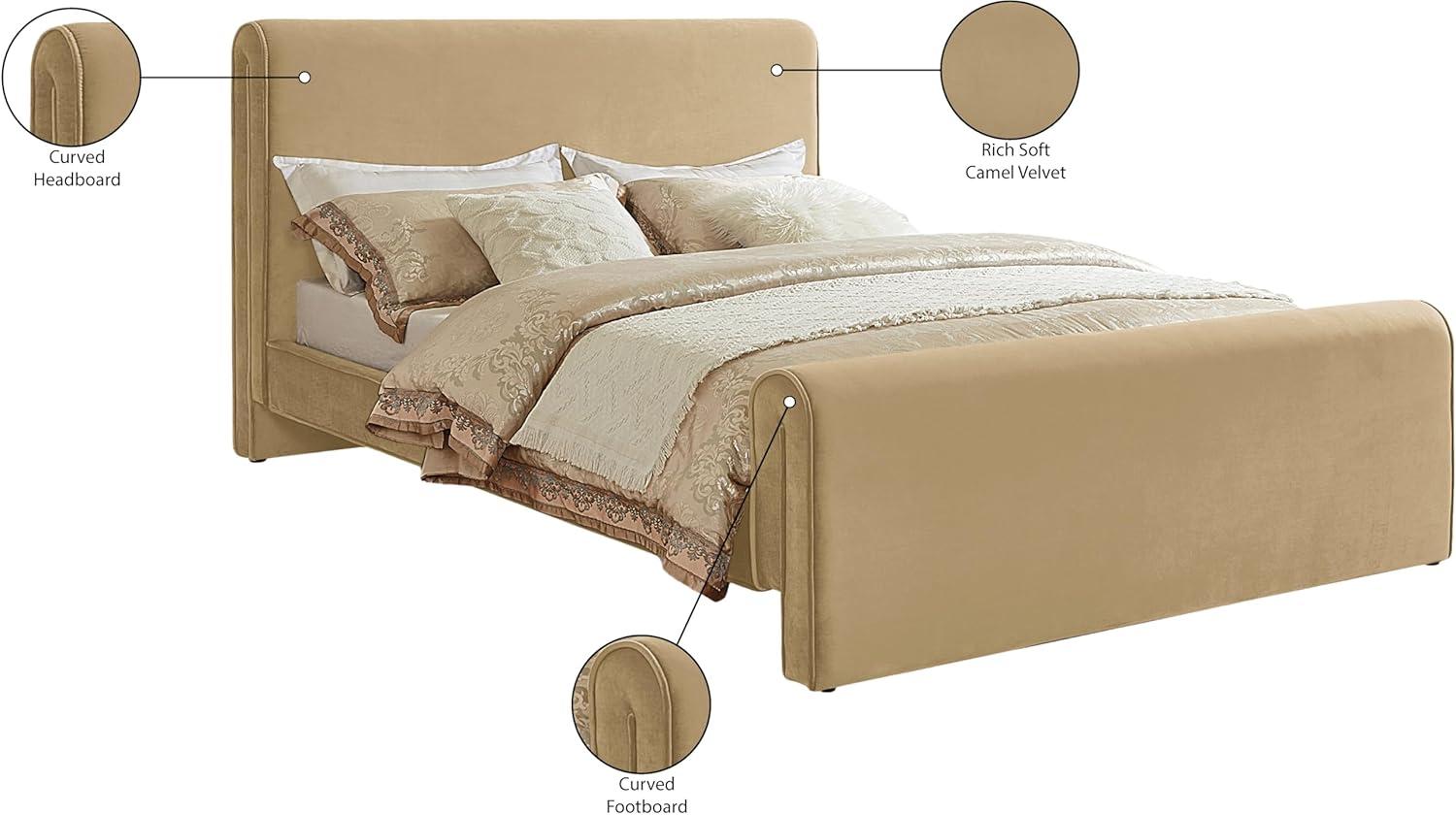 Camel Velvet Upholstered Queen Bed with Curved Headboard