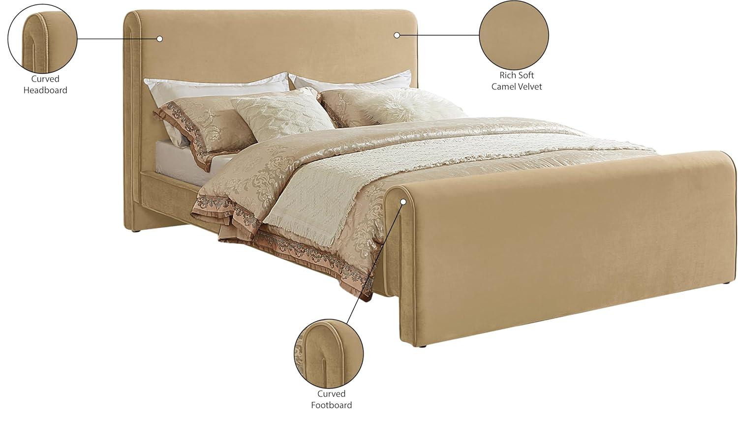Camel Velvet Upholstered Queen Bed with Curved Headboard