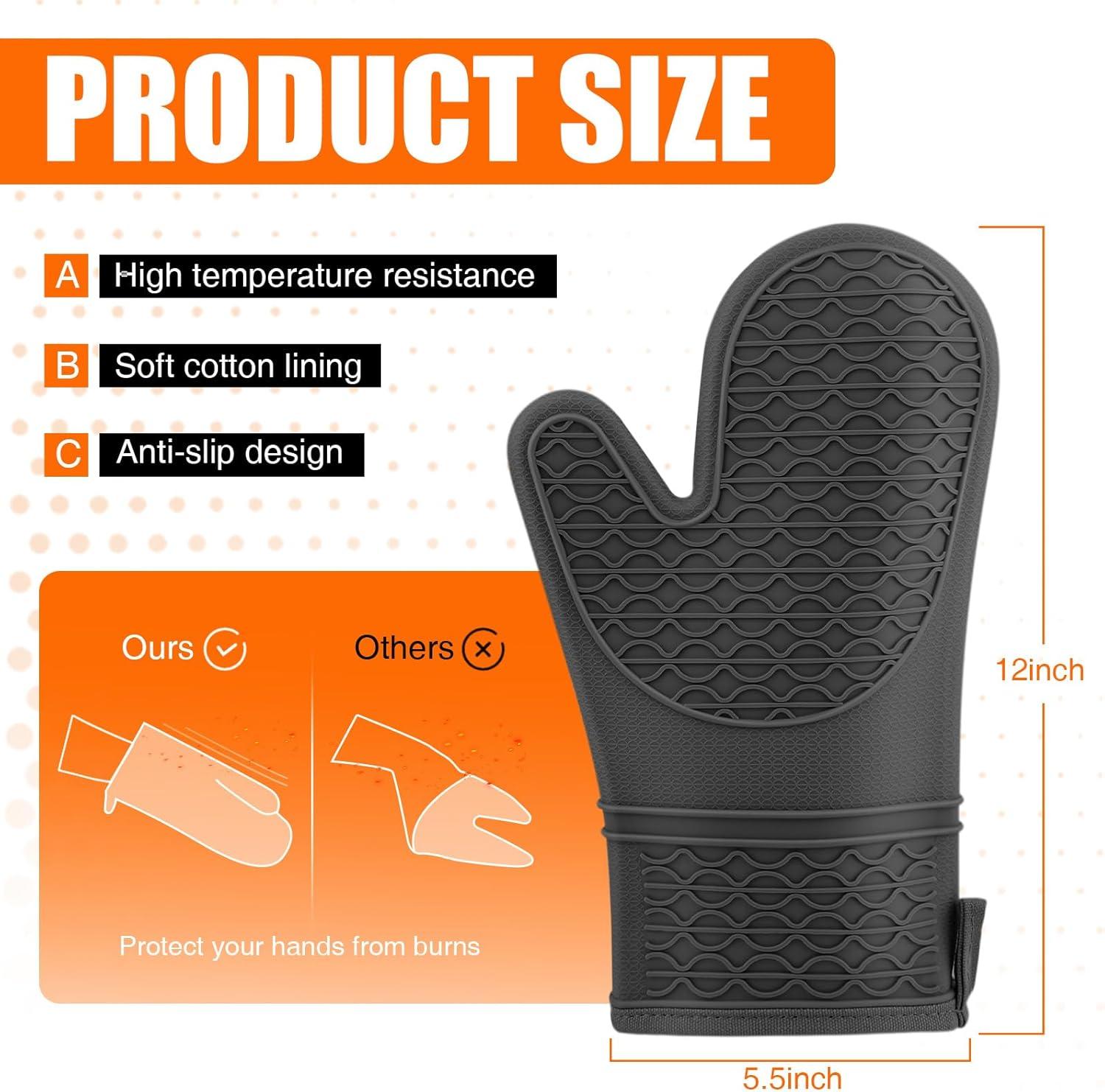 Silicone Oven Mitts, Oven Gloves with Non-Slip Waterproof - 2PCS Black Oven Mittens Heat Resistant 600 Degree, Soft Lining Silicone Oven mits for Cooking Baking Kitchen Mitten