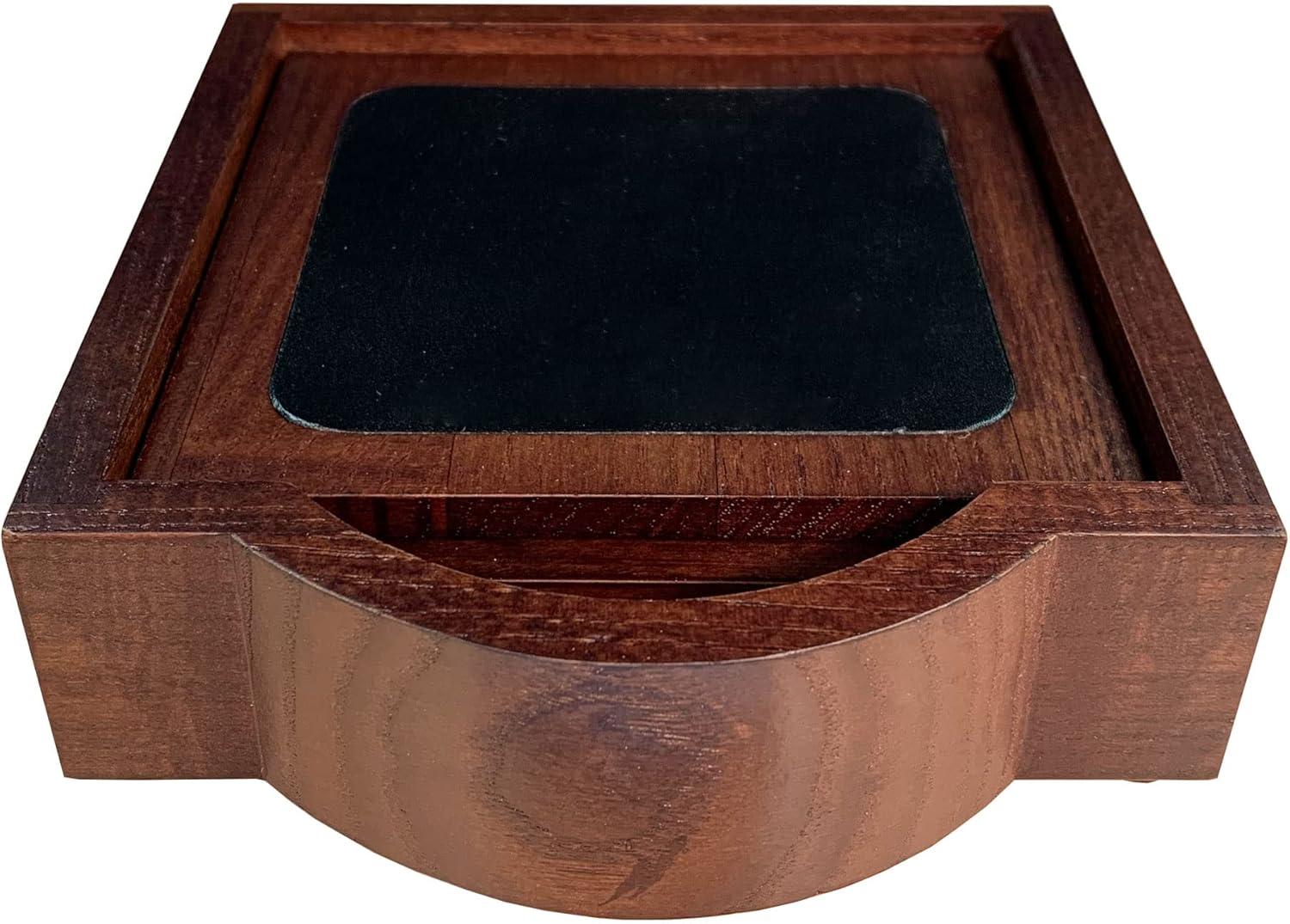 Walnut and Black Leather 4-Piece Coaster Set with Holder