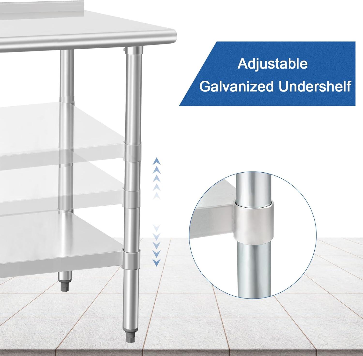 HARDURA Stainless Steel Prep & Work Table 30 x 60 Inches NSF Heavy Duty Commercial with Undershelf and Backsplash, Galvanized Legs for Commercial Food Prep