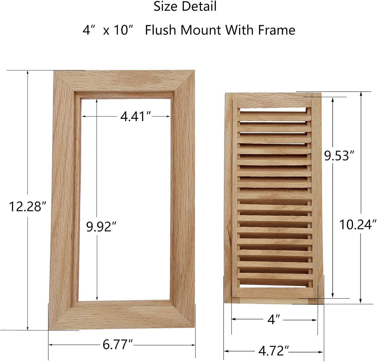 Hardwood White Oak Floor Register, Flush Mount with Frame, 4x10 Inch, Unfinished