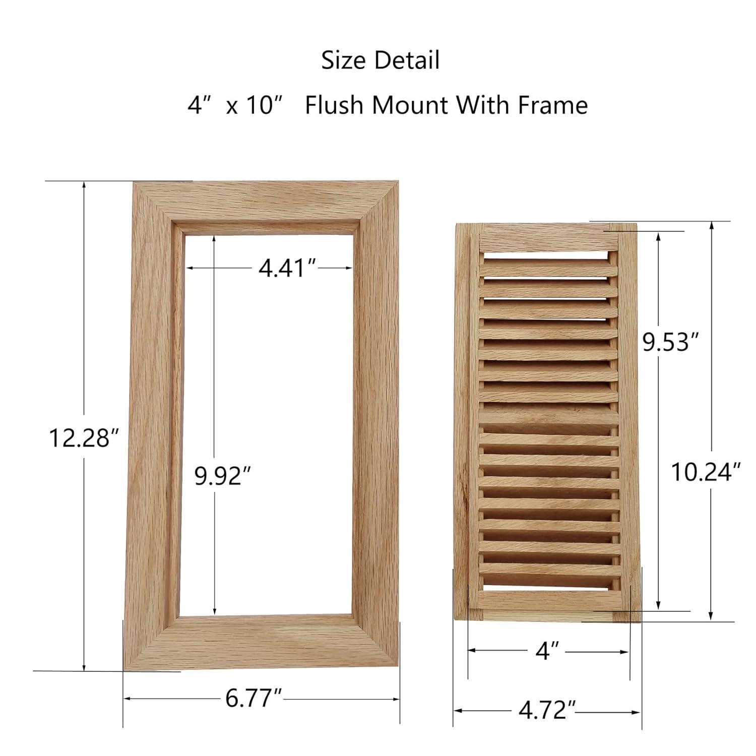 Hardwood White Oak Floor Register, Flush Mount with Frame, 4x10 Inch, Unfinished