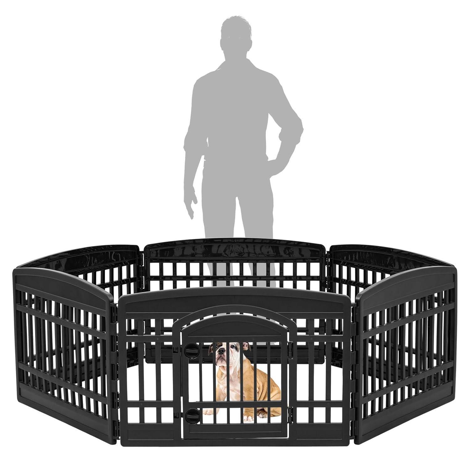 IRIS USA 24" Exercise 8-Panel Pet Playpen with Door, Dog Cat Playpen, Puppy Playpen, Black